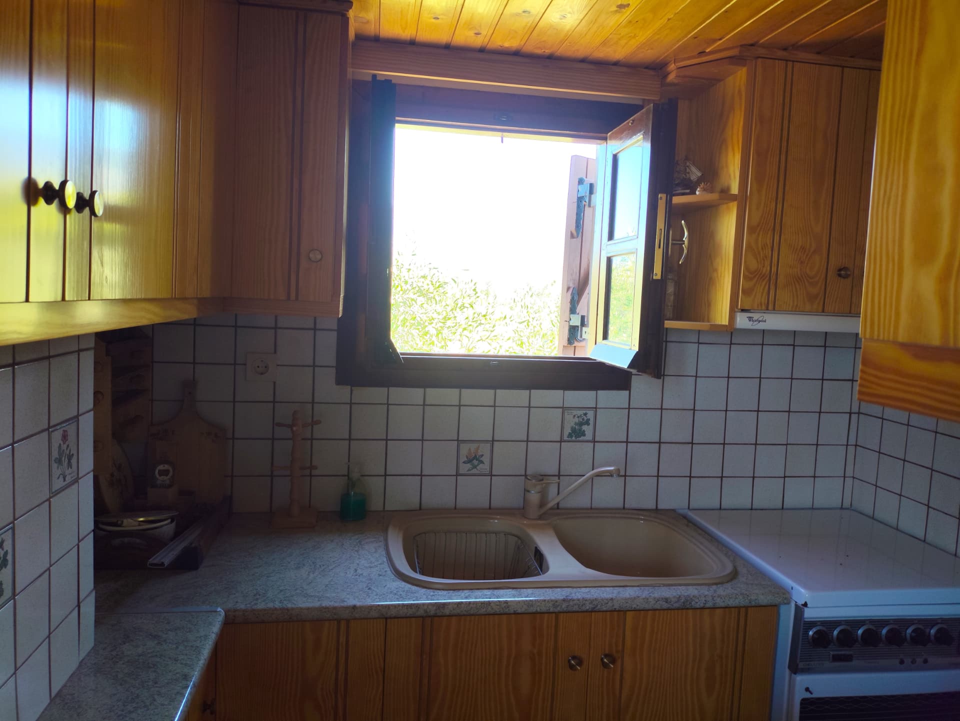 Country kitchen with pine cabinetry and a window opening onto the olive trees